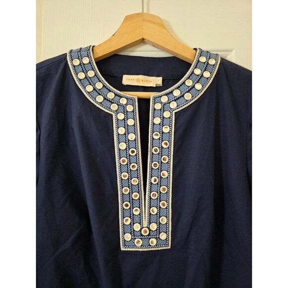 Tory Burch Ariana Crisp Poplin Mirror Applique Tunic 4 Navy - Picture 6 of 12